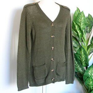 Talbots Military Green 100% Cotton Knit Tortoise Button Sweater Cardigan M